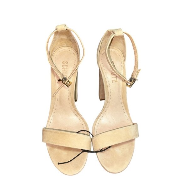 Schutz  Enida Nubuck Leather High Block Heel Sandal Lightwood Size 7.5 - Picture 3 of 7